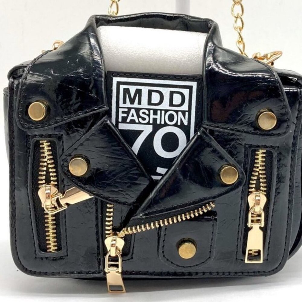MDD Fashion 79 Biker Jacket Purse – Black Faux Leather, Gold Hardware